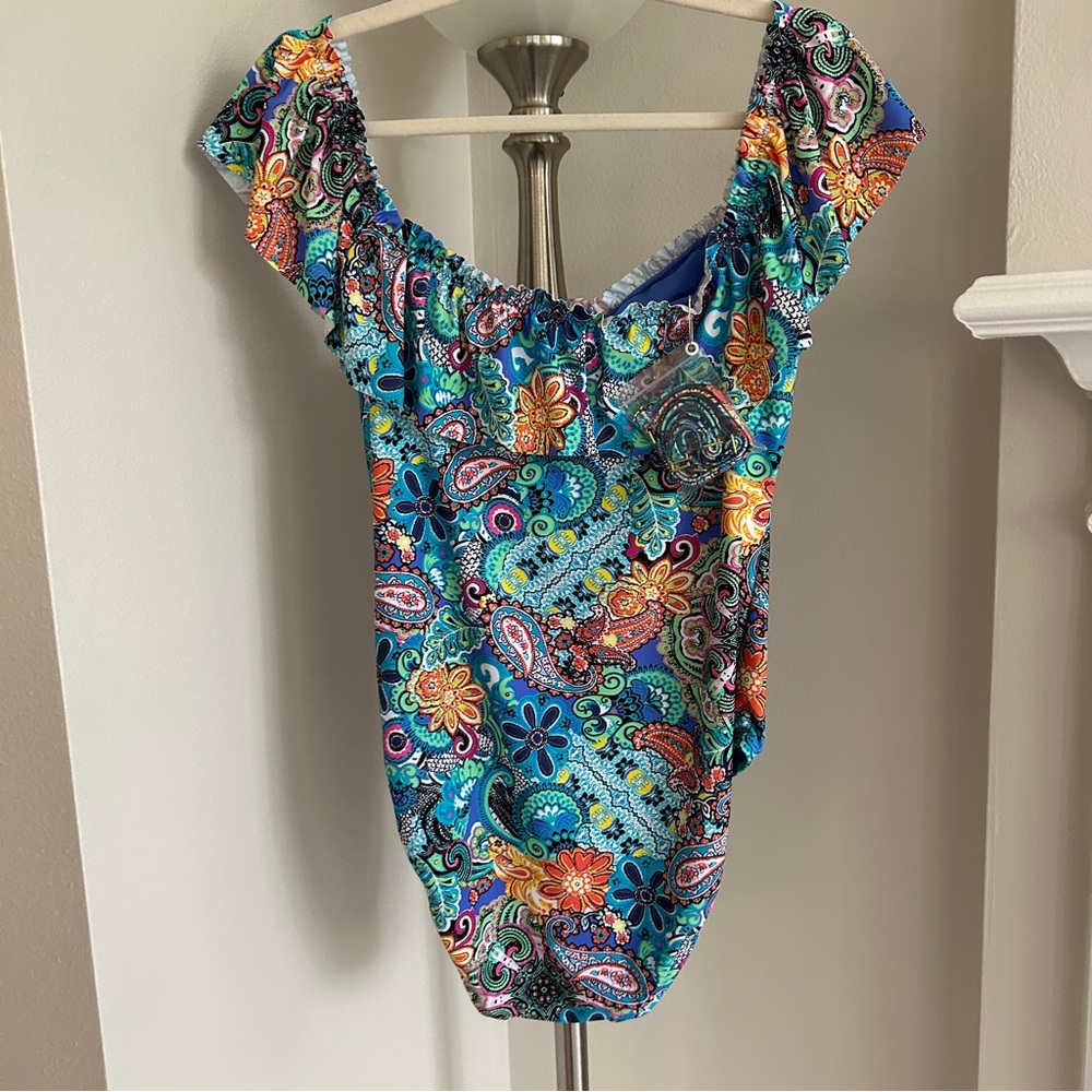 Bleu Rod Beattie Let Loose Turquoise Multi Paisley Ruffle One-Piece SZ 12 - Picture 7 of 12